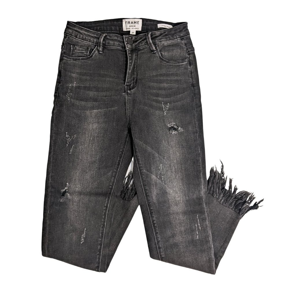 FRAME DENIM Le High Rise Distressed Skinny Jeans, Raw Hem, Cropped Ankle